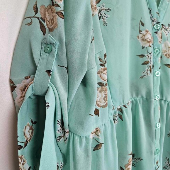 Torrid button down sheer blouse, Size 2, Floral Mint Green, High low hem - Picture 6 of 11